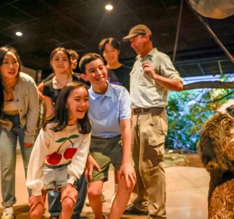 School students observing a monkey climbing in an immersive classroom while an educator stands nearby.