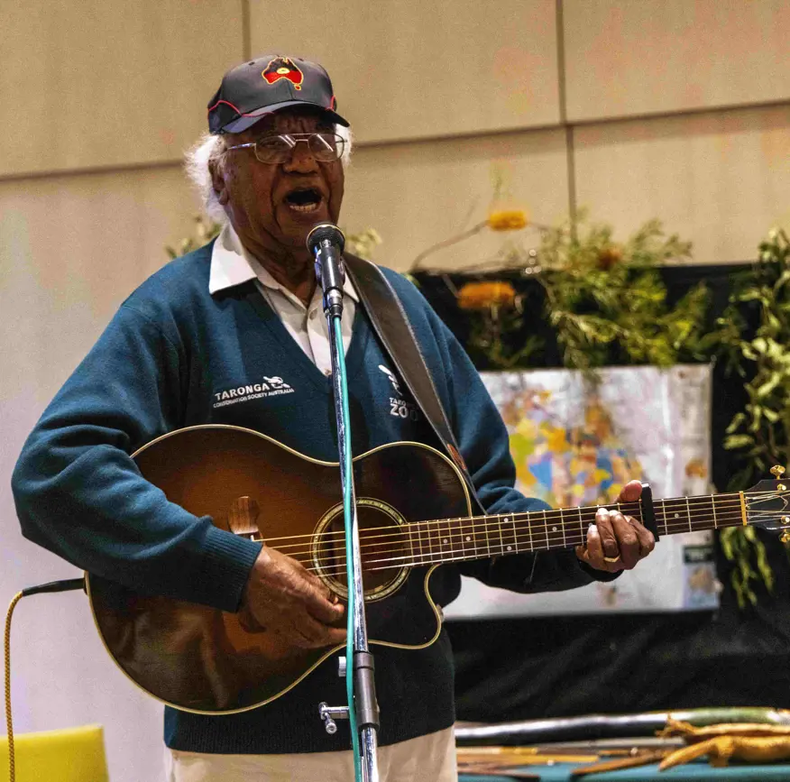 Educator presenting an Animals of the Dreaming storytelling session using music as part of an education program.