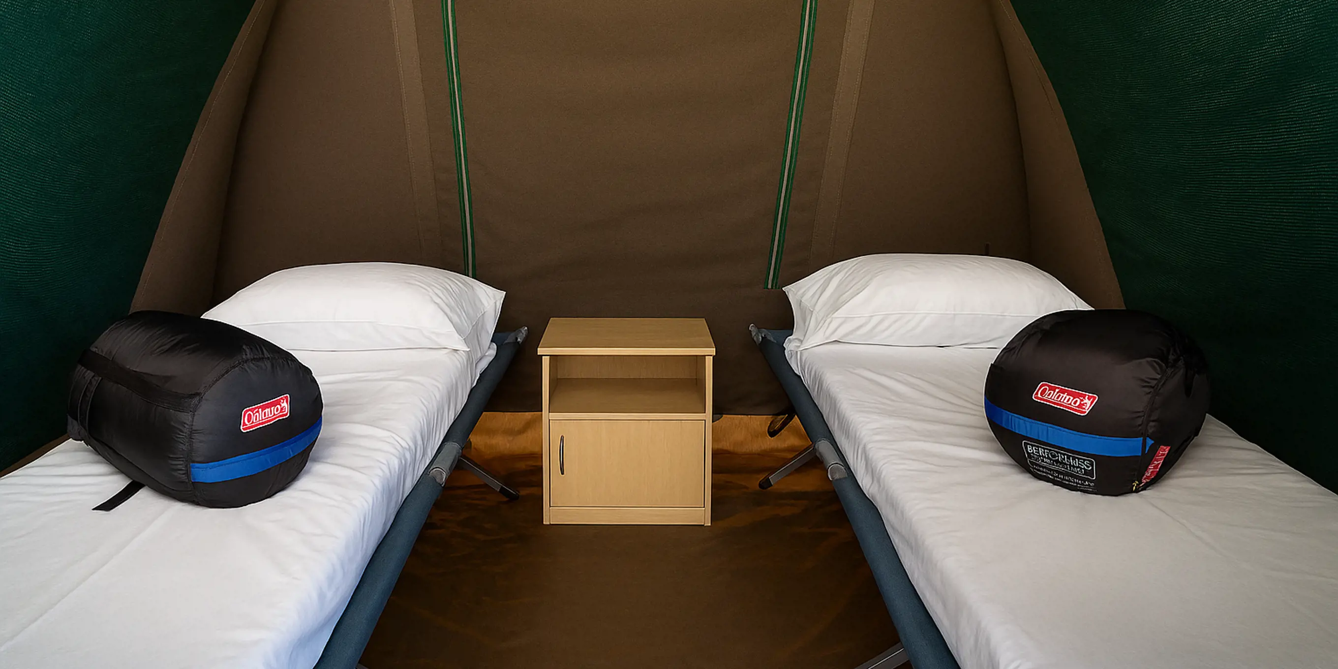 Interior of a safari‑style tent with sleeping bags on two single beds.