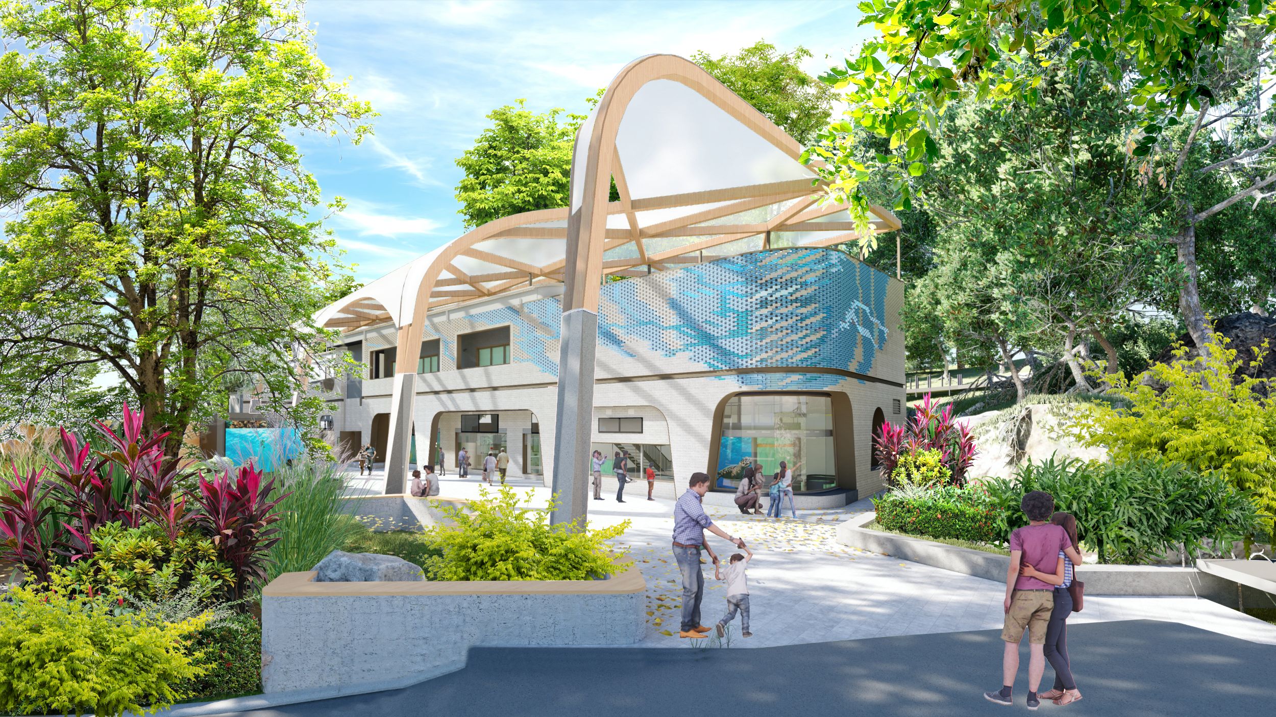 Artist impression of Taronga’s new wildlife hospital surrounded by trees and landscaped gardens.