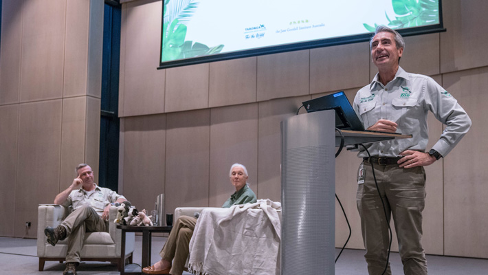 Hayden Turner, Jane Goodall and Taronga CEO Cameron Kerr. Photo: Jo Yeldham