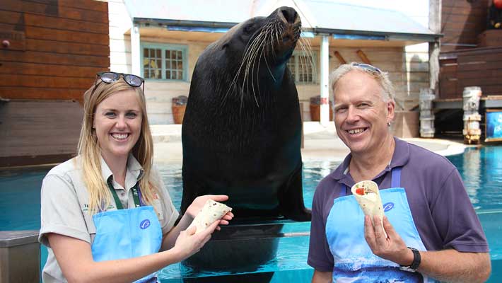 Belinda Fairbrother with David Slip promoting Sustainable Seafood Day with Malie the Australian Sea Lion, 2016