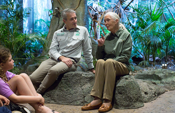 Dr. Jane Goodall inspires young audiences in Taronga’s immersive Rainforest classroom, with Taronga Conservation Society Australia CEO, Cameron Kerr